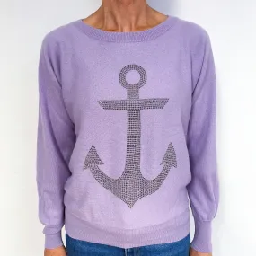 Lilac Purple Bejewelled Anchor Cashmere Crew Neck Jumper Medium