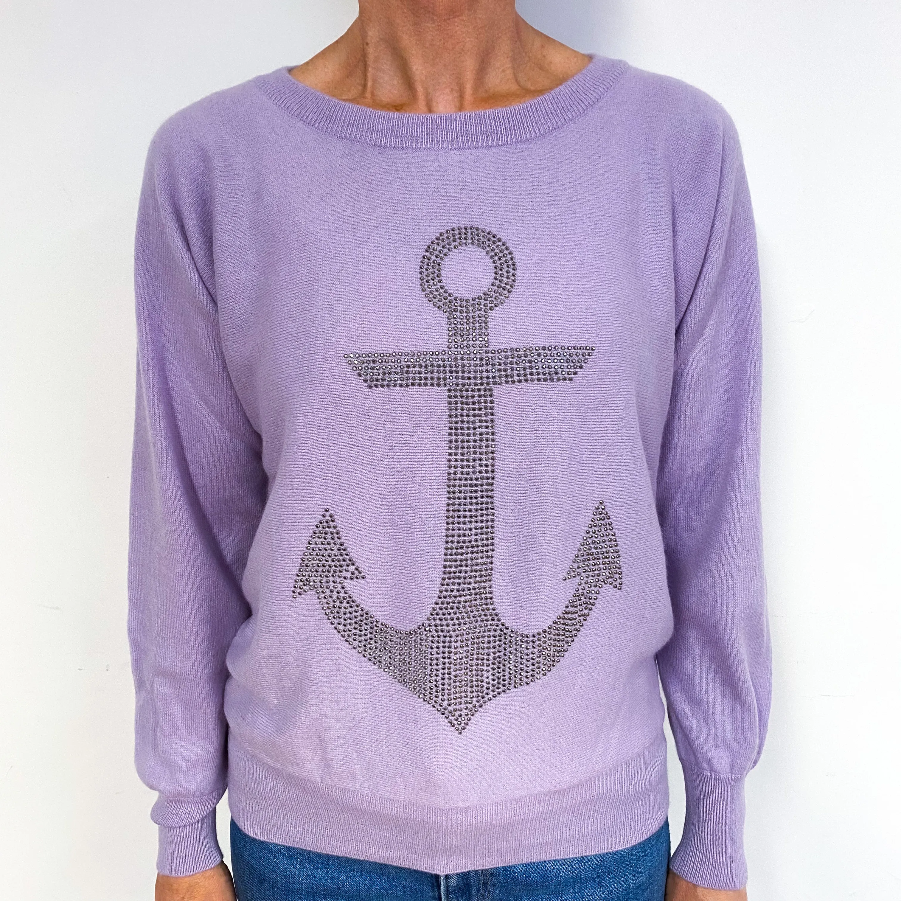 Lilac Purple Bejewelled Anchor Cashmere Crew Neck Jumper Medium