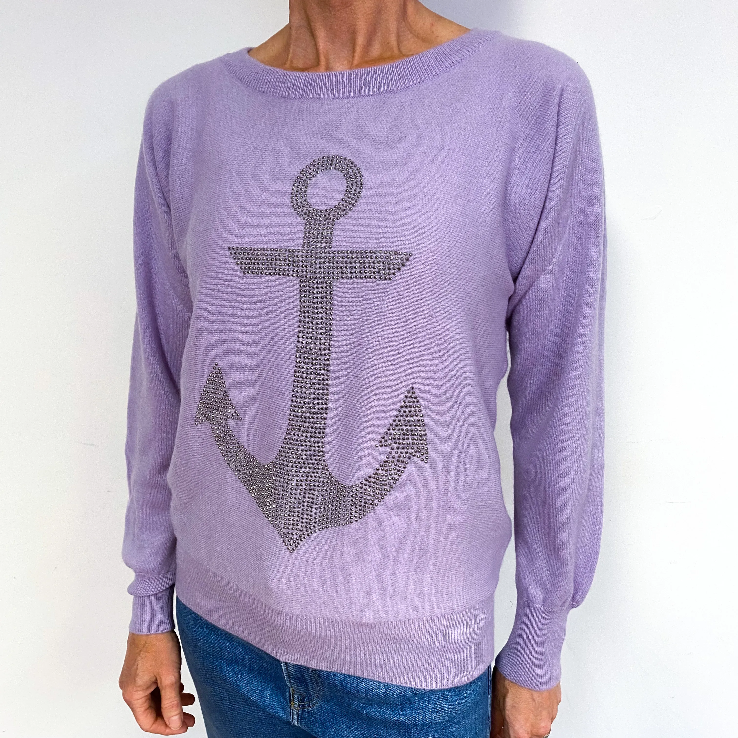 Lilac Purple Bejewelled Anchor Cashmere Crew Neck Jumper Medium