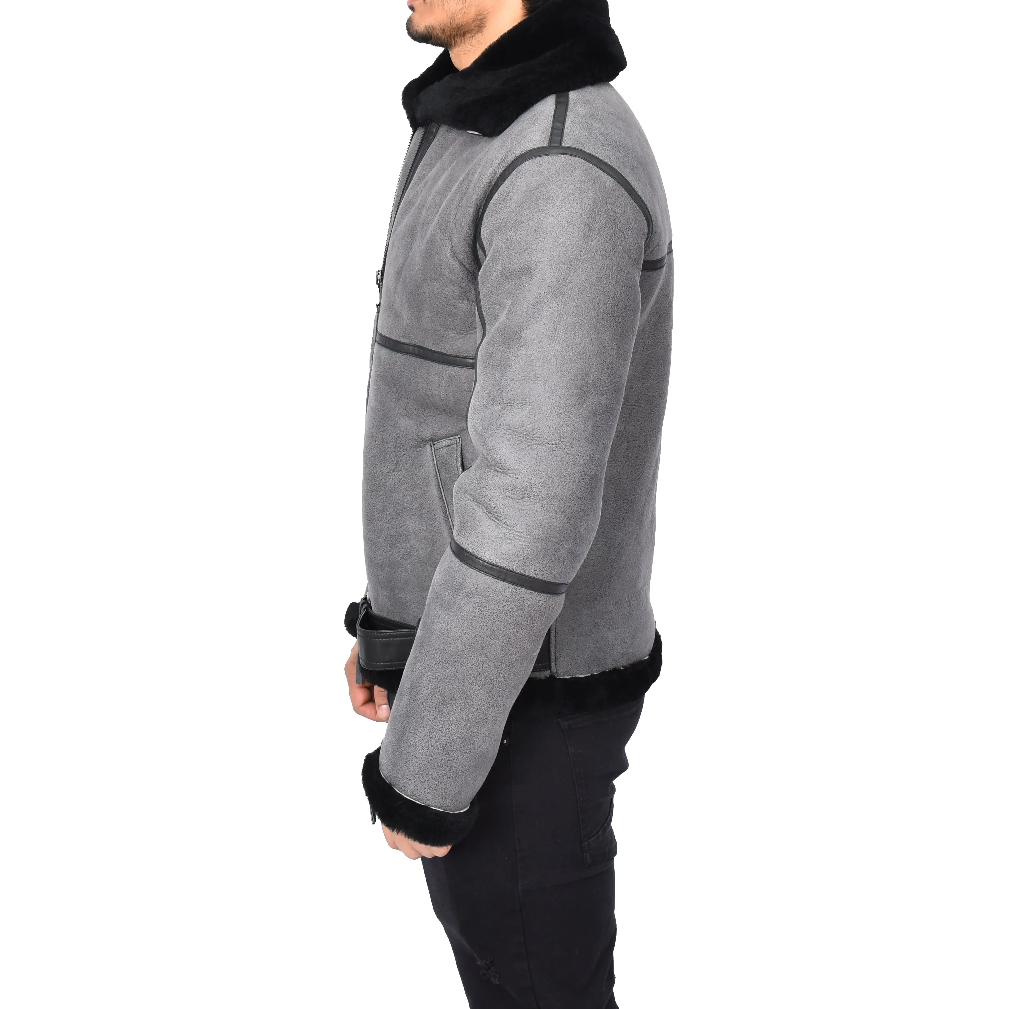 Men's Classic Aviator Real Sheepskin Jacket Flying Squad Grey Black Ragnar