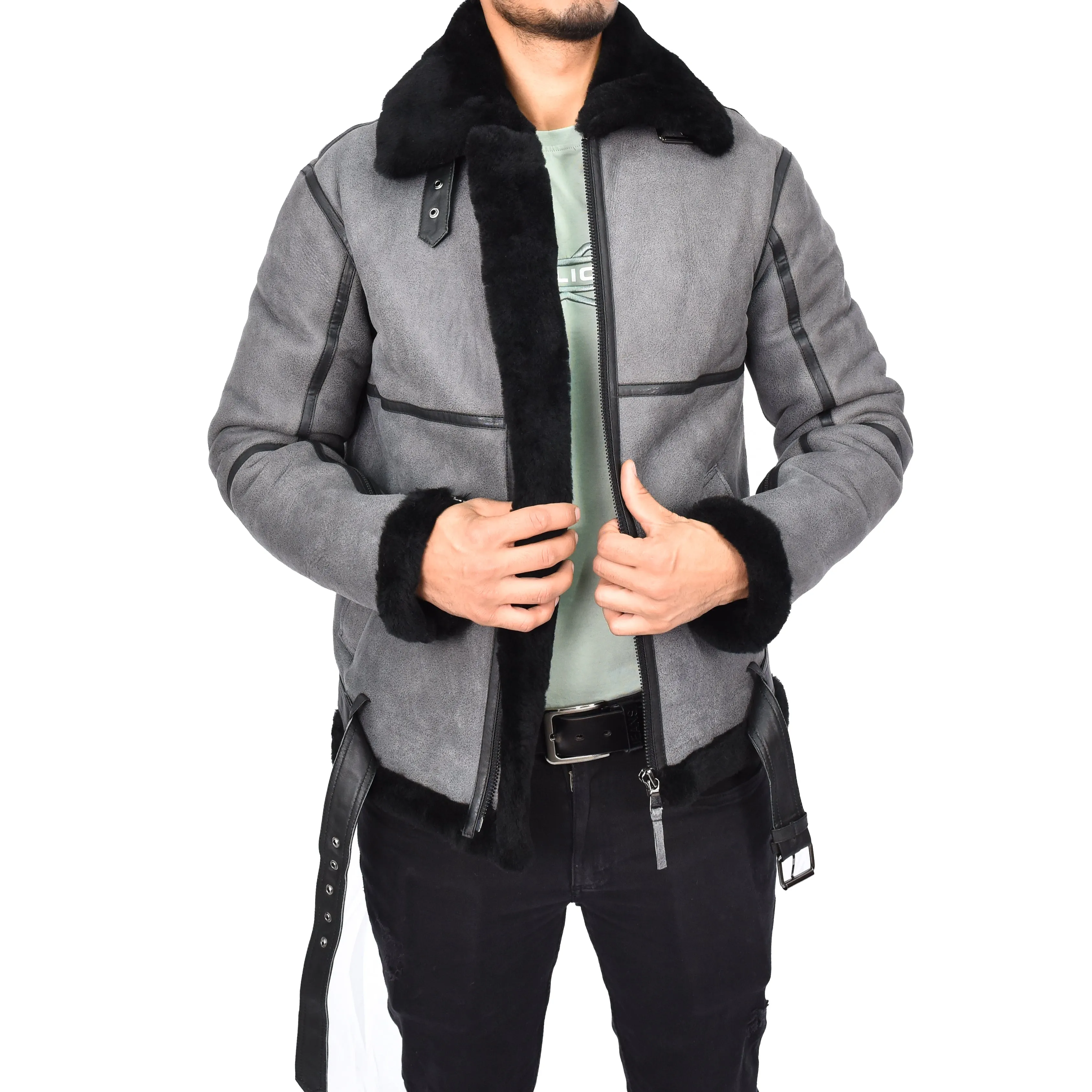 Men's Classic Aviator Real Sheepskin Jacket Flying Squad Grey Black Ragnar