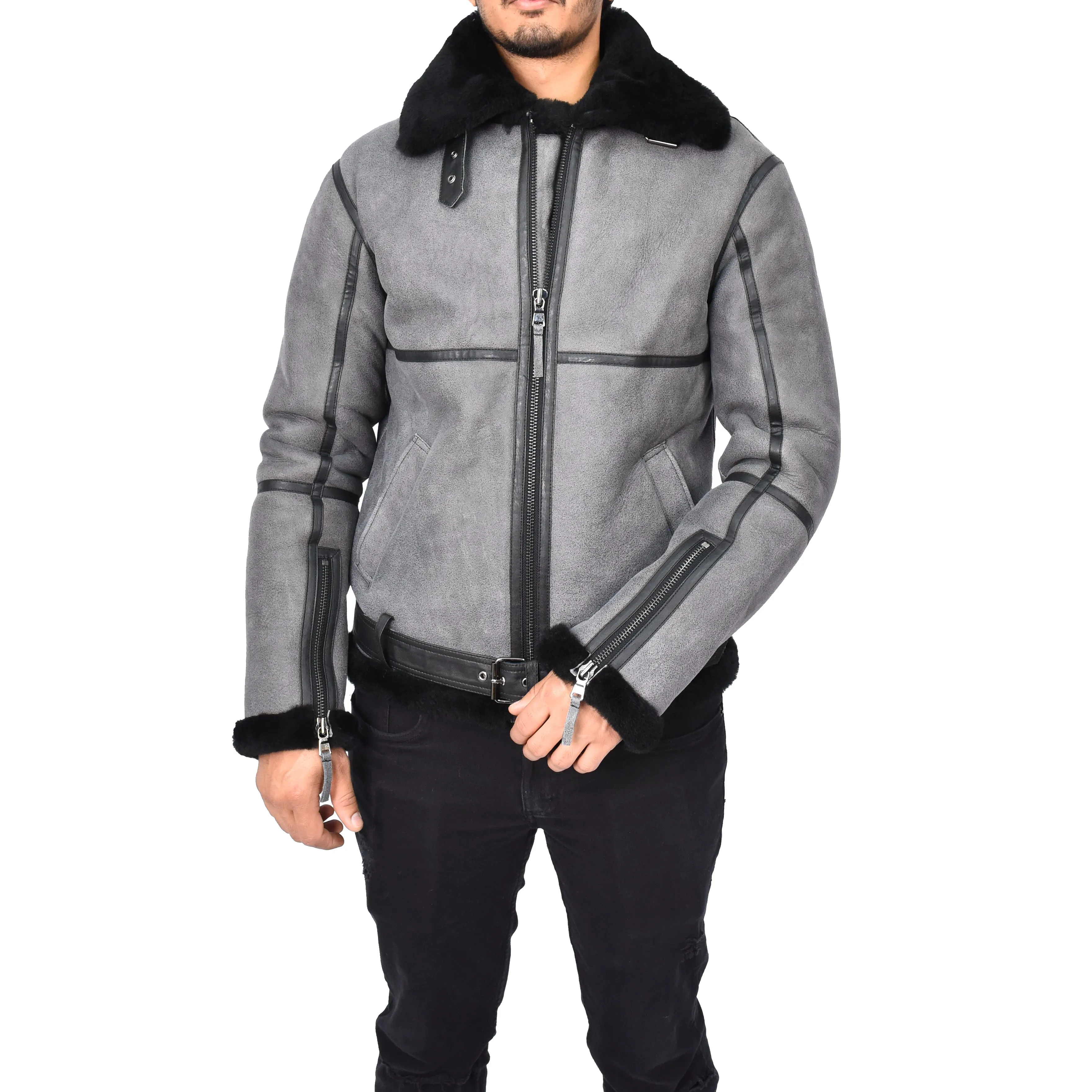 Men's Classic Aviator Real Sheepskin Jacket Flying Squad Grey Black Ragnar
