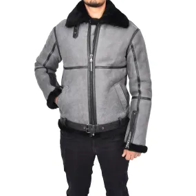 Men's Classic Aviator Real Sheepskin Jacket Flying Squad Grey Black Ragnar