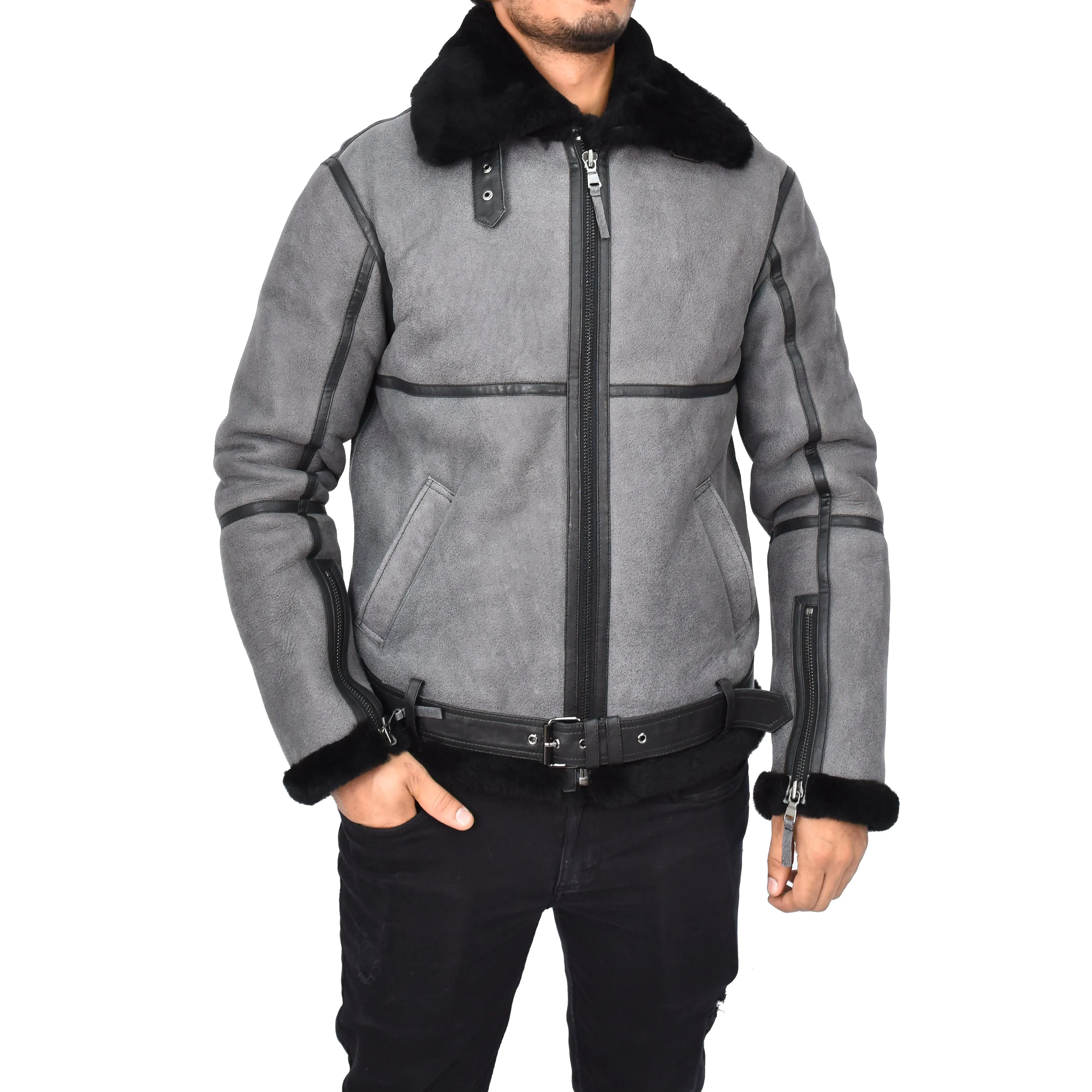 Men's Classic Aviator Real Sheepskin Jacket Flying Squad Grey Black Ragnar