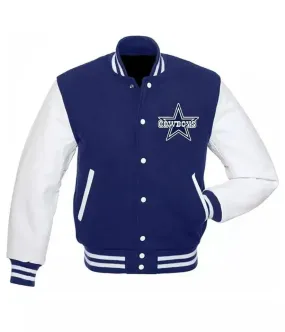 Mens Cowboys Varsity Letterman Jacket Blue Wool Body And Genuine Leather Sleeves