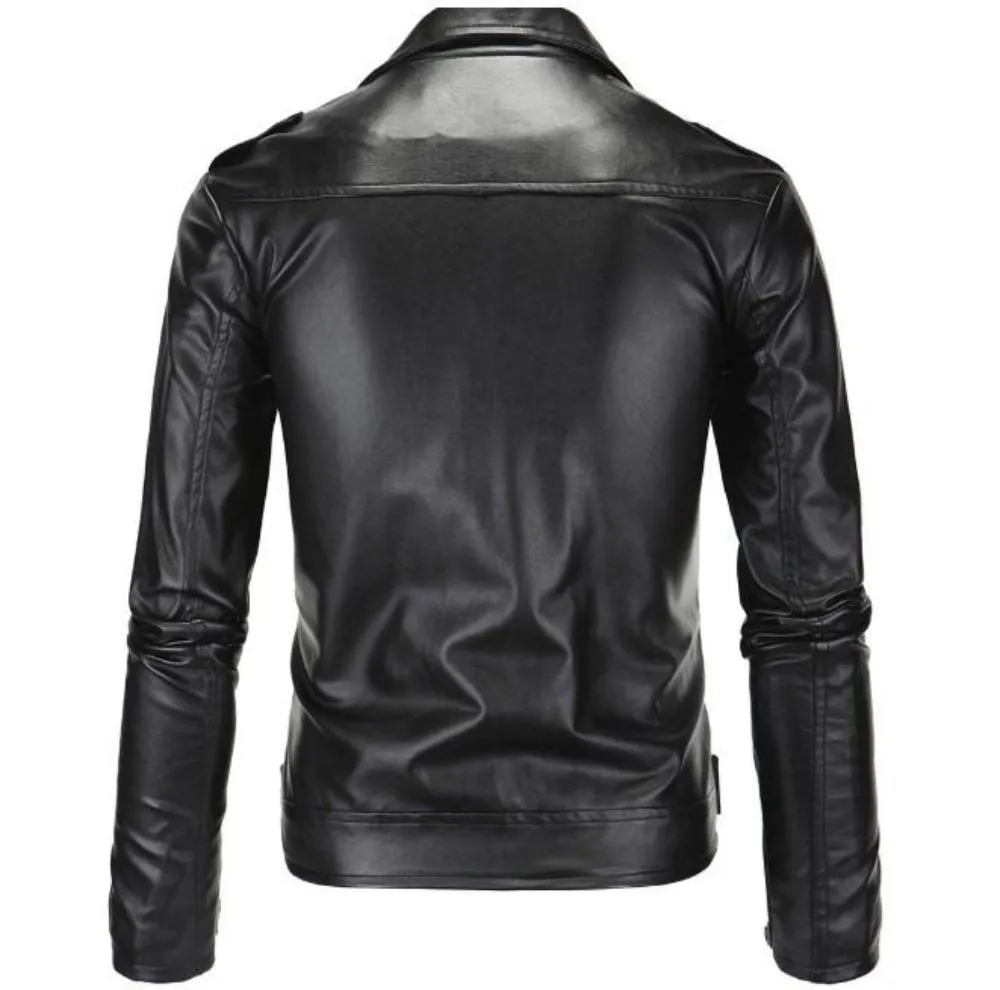 Mens Faux Leather Biker Jacket with Zipper Detail