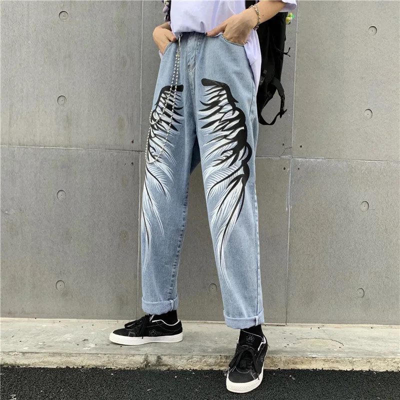 Men’s Graphic Printed Wide-Leg Jeans – Bold Streetwear Style