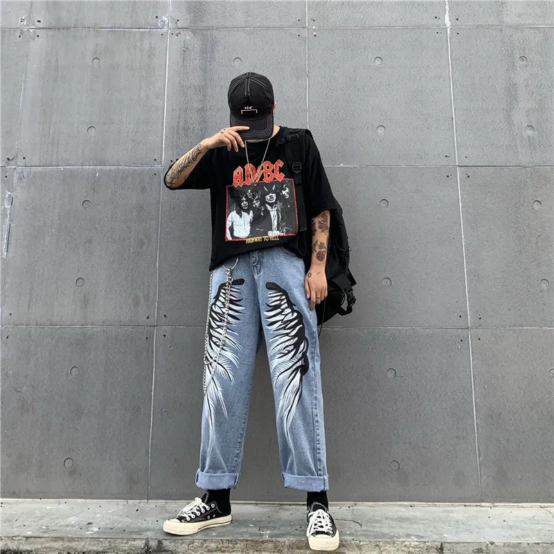 Men’s Graphic Printed Wide-Leg Jeans – Bold Streetwear Style