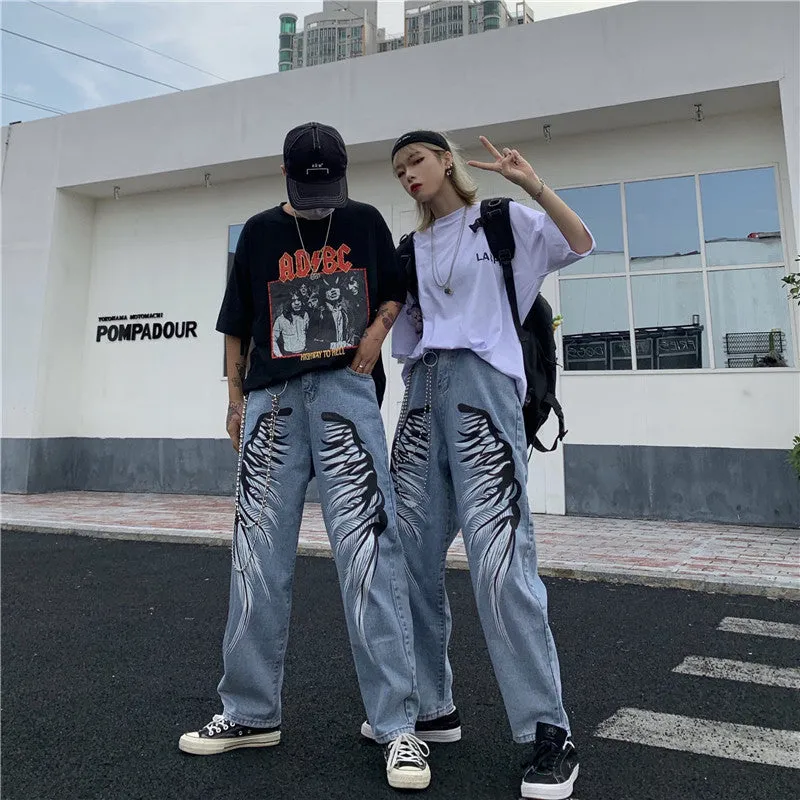 Men’s Graphic Printed Wide-Leg Jeans – Bold Streetwear Style