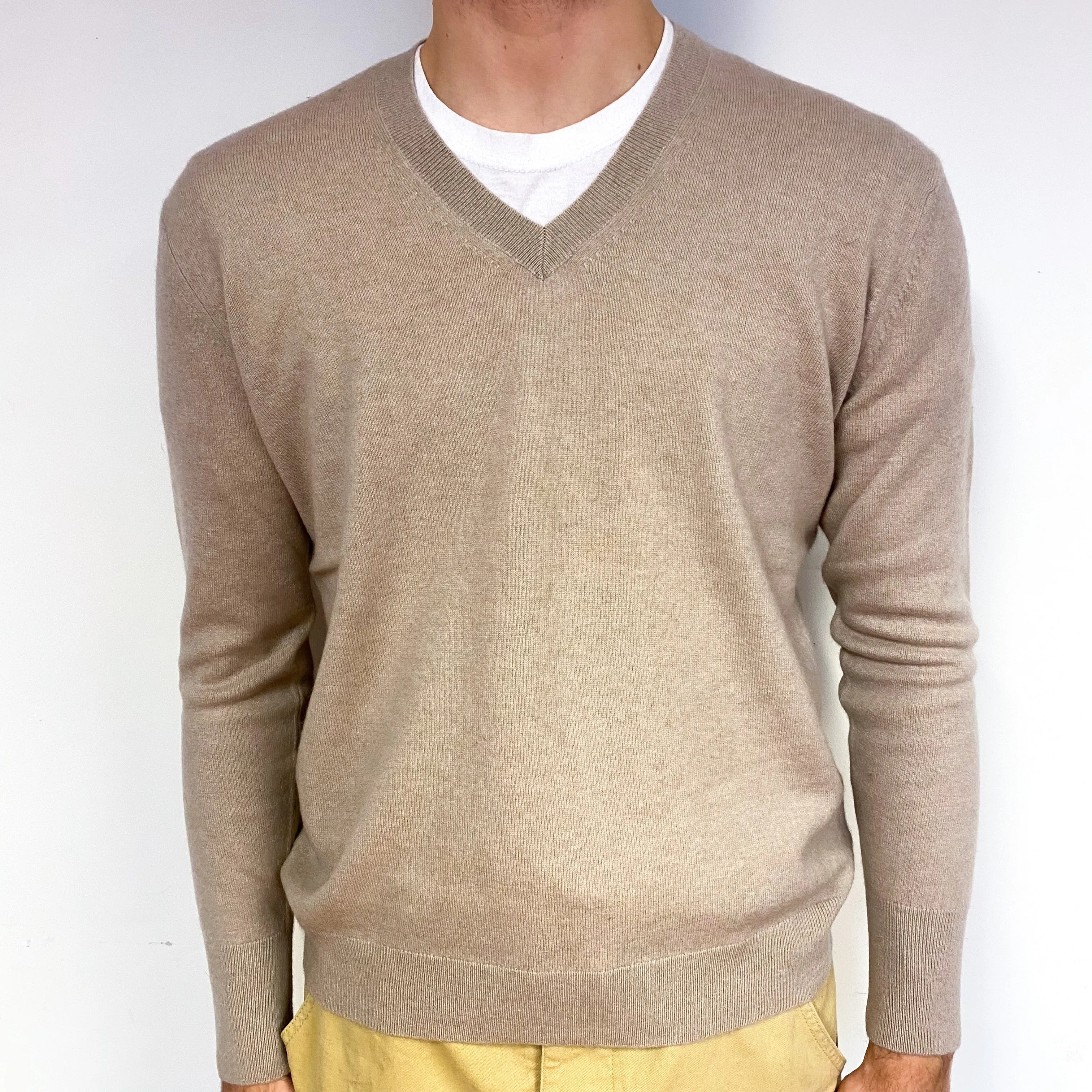 Men's Oatmeal Cream Cashmere V-Neck Jumper Large