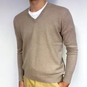 Men's Oatmeal Cream Cashmere V-Neck Jumper Large