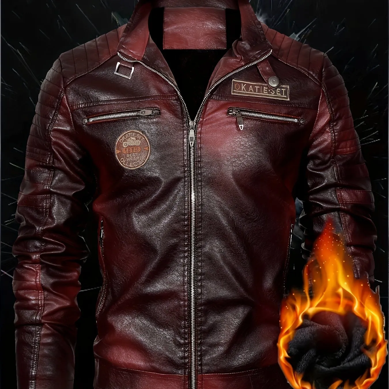 Men's Retro Style Down Motorcycle Jacket – Fall/Winter PU Leather, Fleece Lining, Zippered Pockets & Stand Collar, Chic Biker Jacket for Outdoor Adventures"