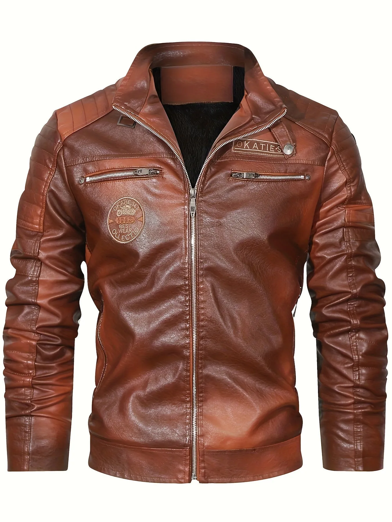 Men's Retro Style Down Motorcycle Jacket – Fall/Winter PU Leather, Fleece Lining, Zippered Pockets & Stand Collar, Chic Biker Jacket for Outdoor Adventures"