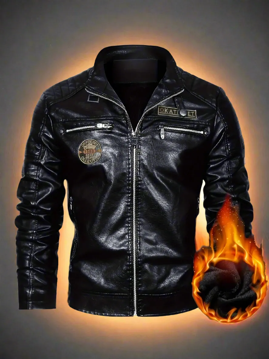 Men's Retro Style Down Motorcycle Jacket – Fall/Winter PU Leather, Fleece Lining, Zippered Pockets & Stand Collar, Chic Biker Jacket for Outdoor Adventures"