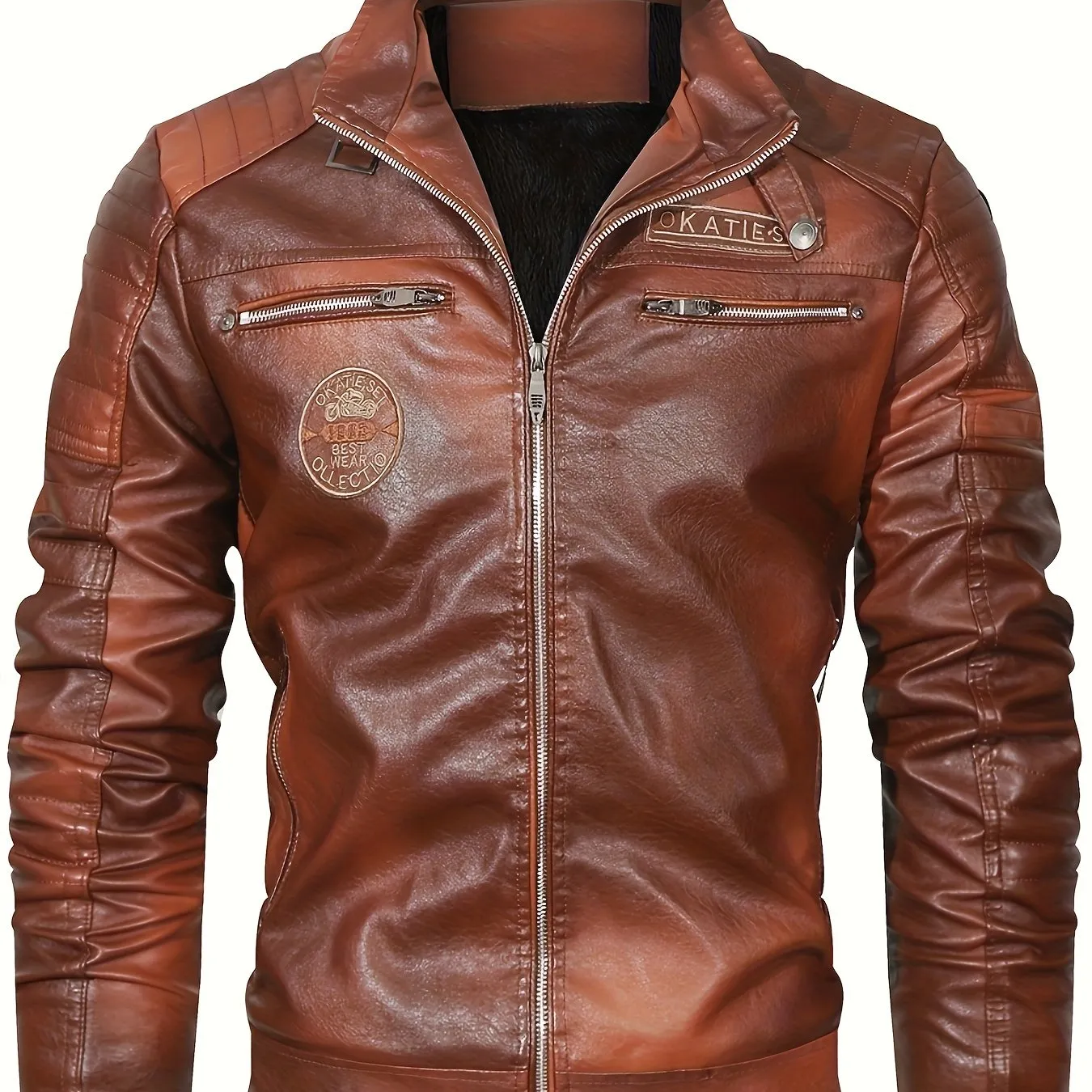 Men's Retro Style Down Motorcycle Jacket – Fall/Winter PU Leather, Fleece Lining, Zippered Pockets & Stand Collar, Chic Biker Jacket for Outdoor Adventures"