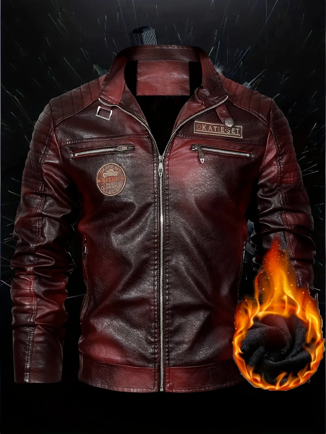 Men's Retro Style Down Motorcycle Jacket – Fall/Winter PU Leather, Fleece Lining, Zippered Pockets & Stand Collar, Chic Biker Jacket for Outdoor Adventures"
