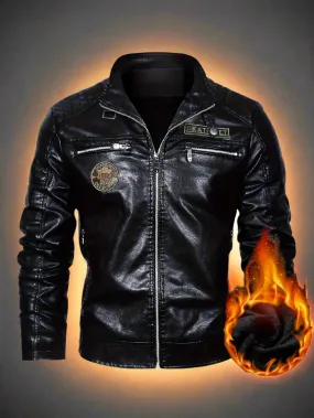Men's Retro Style Down Motorcycle Jacket – Fall/Winter PU Leather, Fleece Lining, Zippered Pockets & Stand Collar, Chic Biker Jacket for Outdoor Adventures"