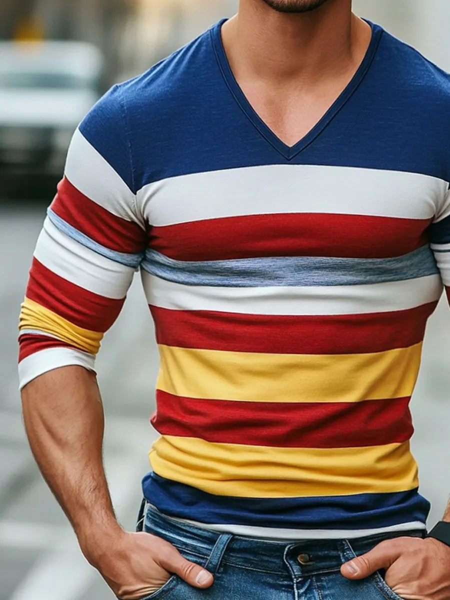 Men's V-Neck Striped Print Casual Long-Sleeved T-Shirt