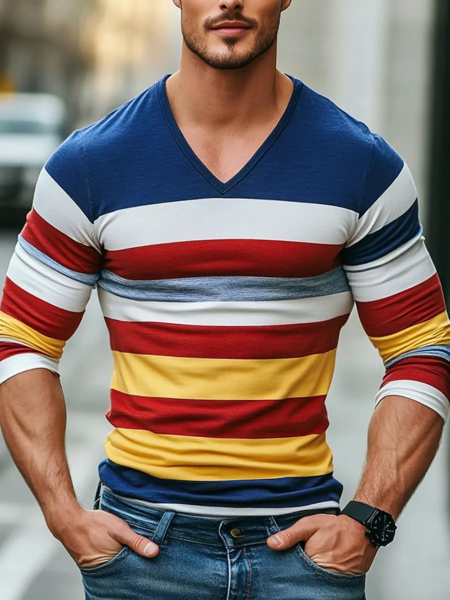 Men's V-Neck Striped Print Casual Long-Sleeved T-Shirt