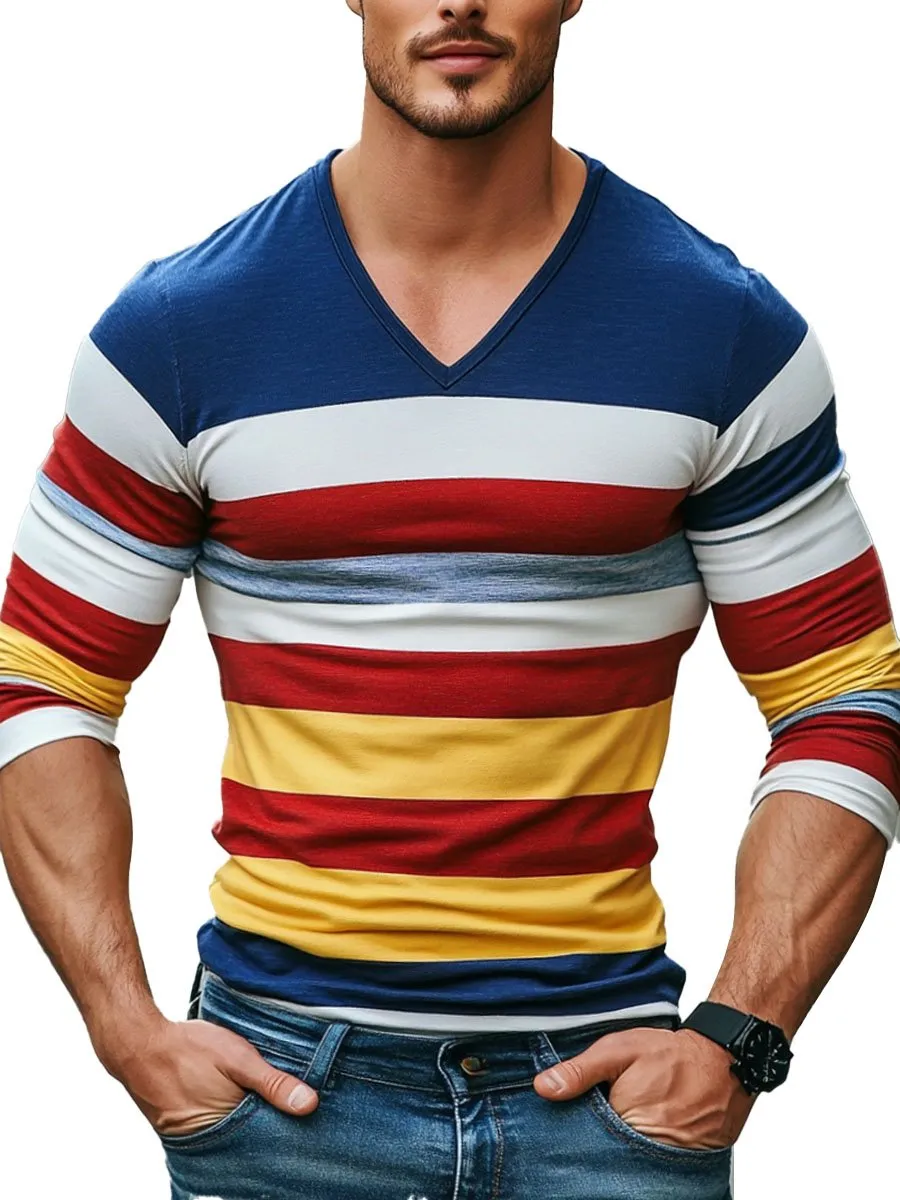 Men's V-Neck Striped Print Casual Long-Sleeved T-Shirt