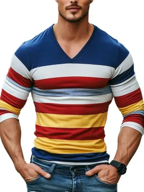Men's V-Neck Striped Print Casual Long-Sleeved T-Shirt