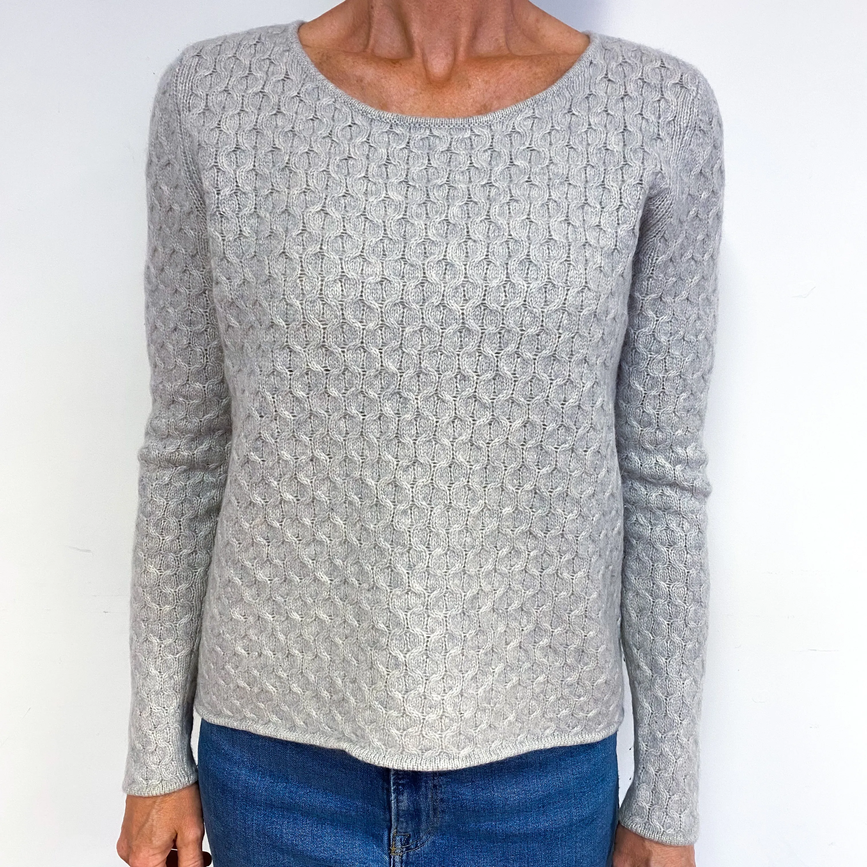 Mist Grey Cable Cashmere Crew Neck Jumper Medium
