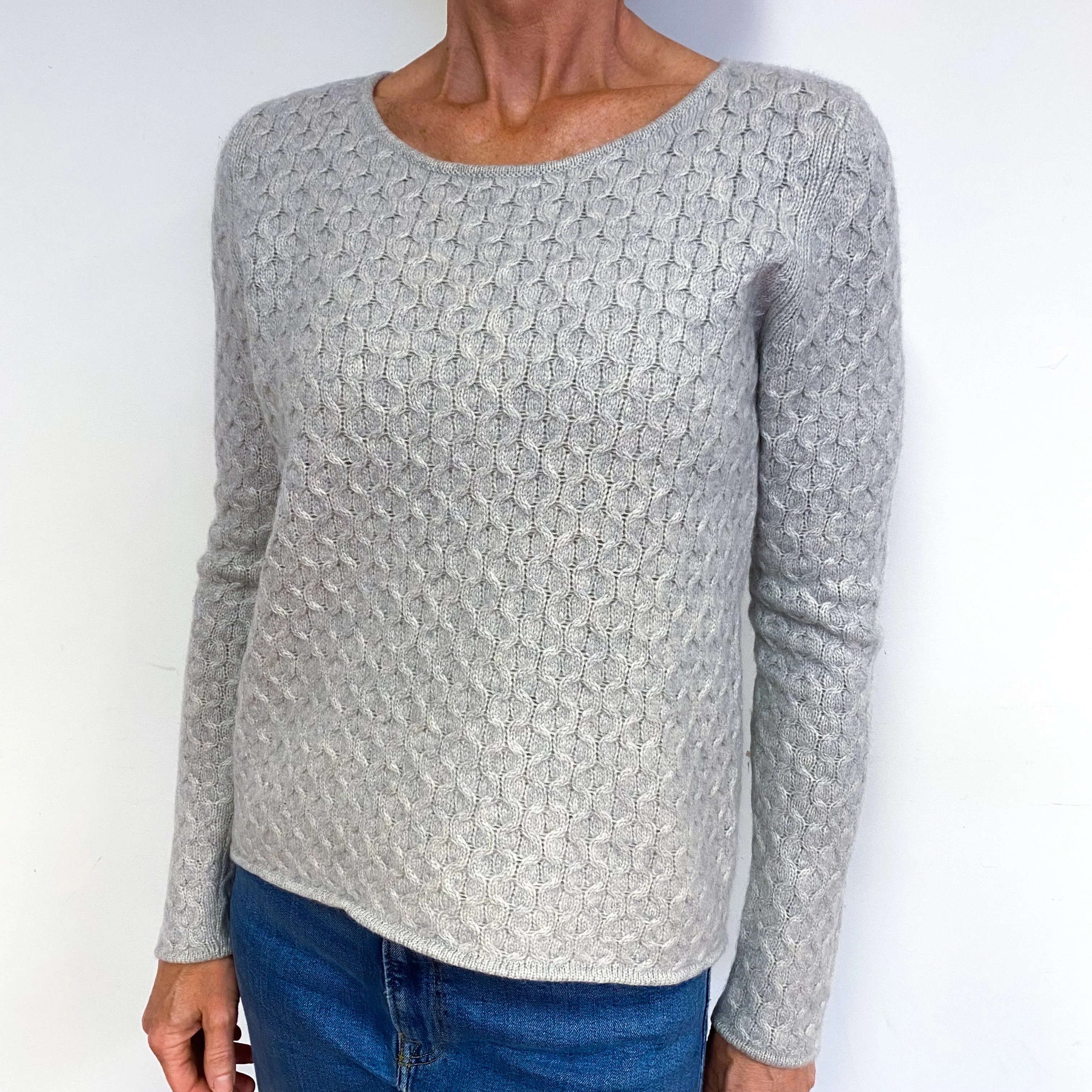 Mist Grey Cable Cashmere Crew Neck Jumper Medium