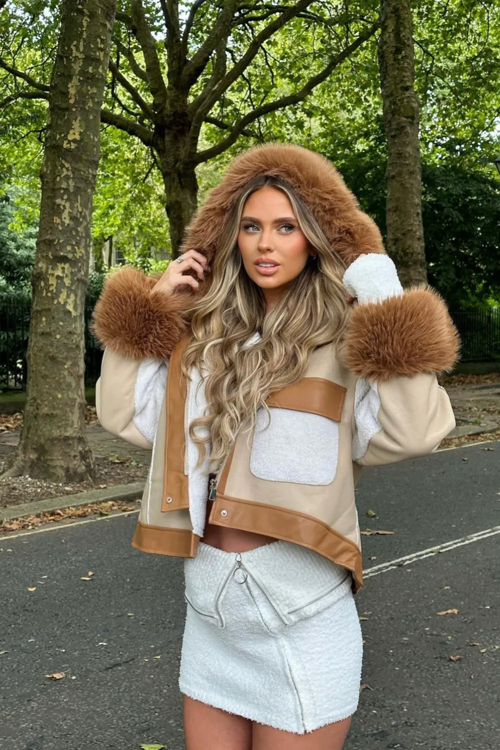 Morgan beige shearling faux fur hood jacket
