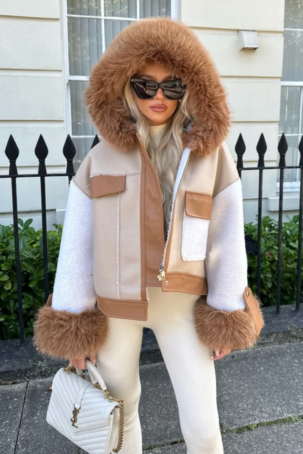 Morgan beige shearling faux fur hood jacket
