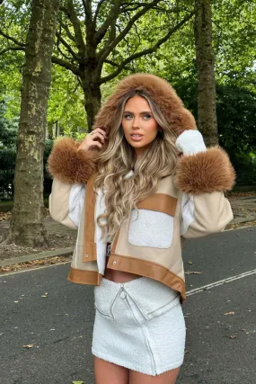 Morgan beige shearling faux fur hood jacket