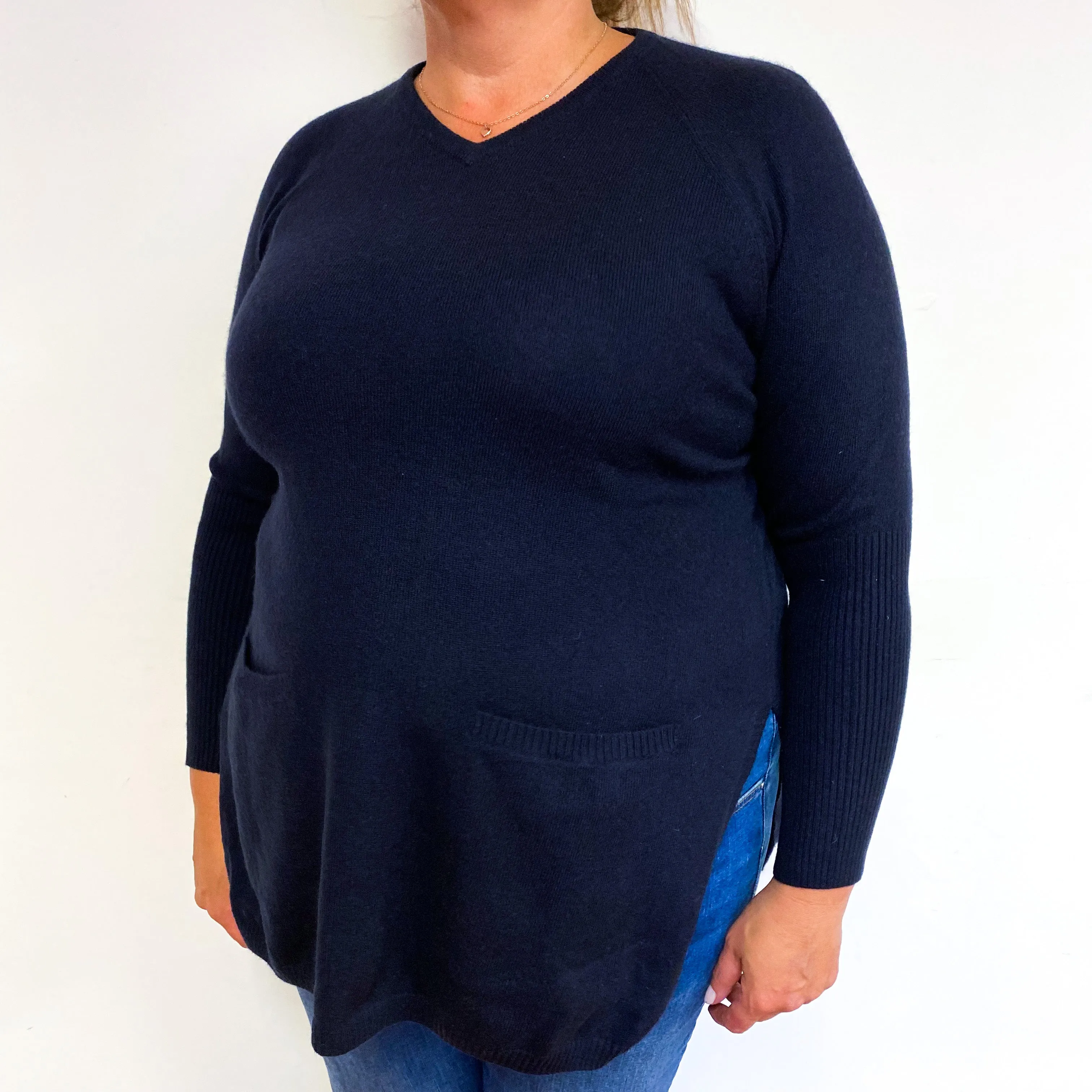 Navy Blue Cashmere V-Neck Tunic with Pockets Extra Large