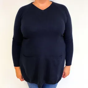 Navy Blue Cashmere V-Neck Tunic with Pockets Extra Large