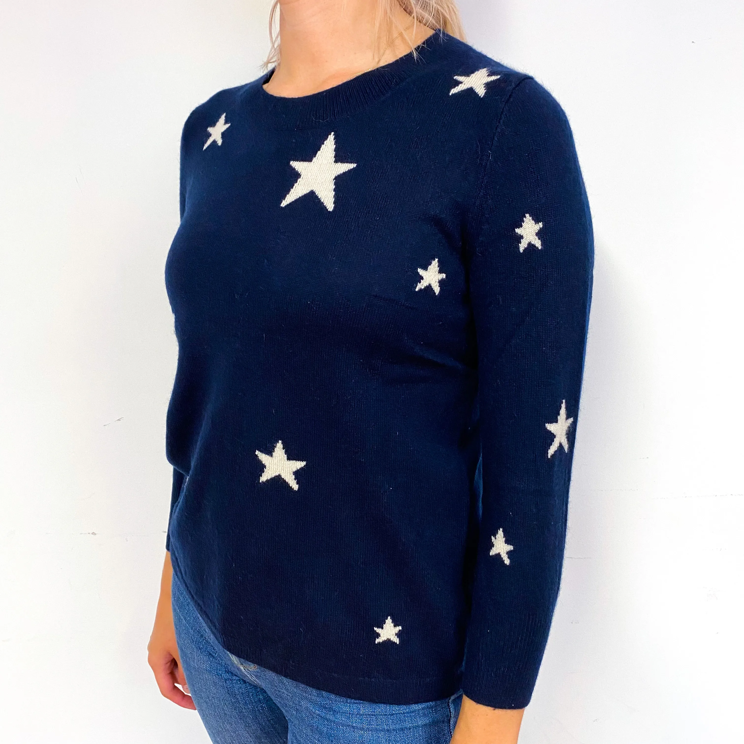 Navy Blue Star Cashmere Crew Neck Jumper Small/Petite