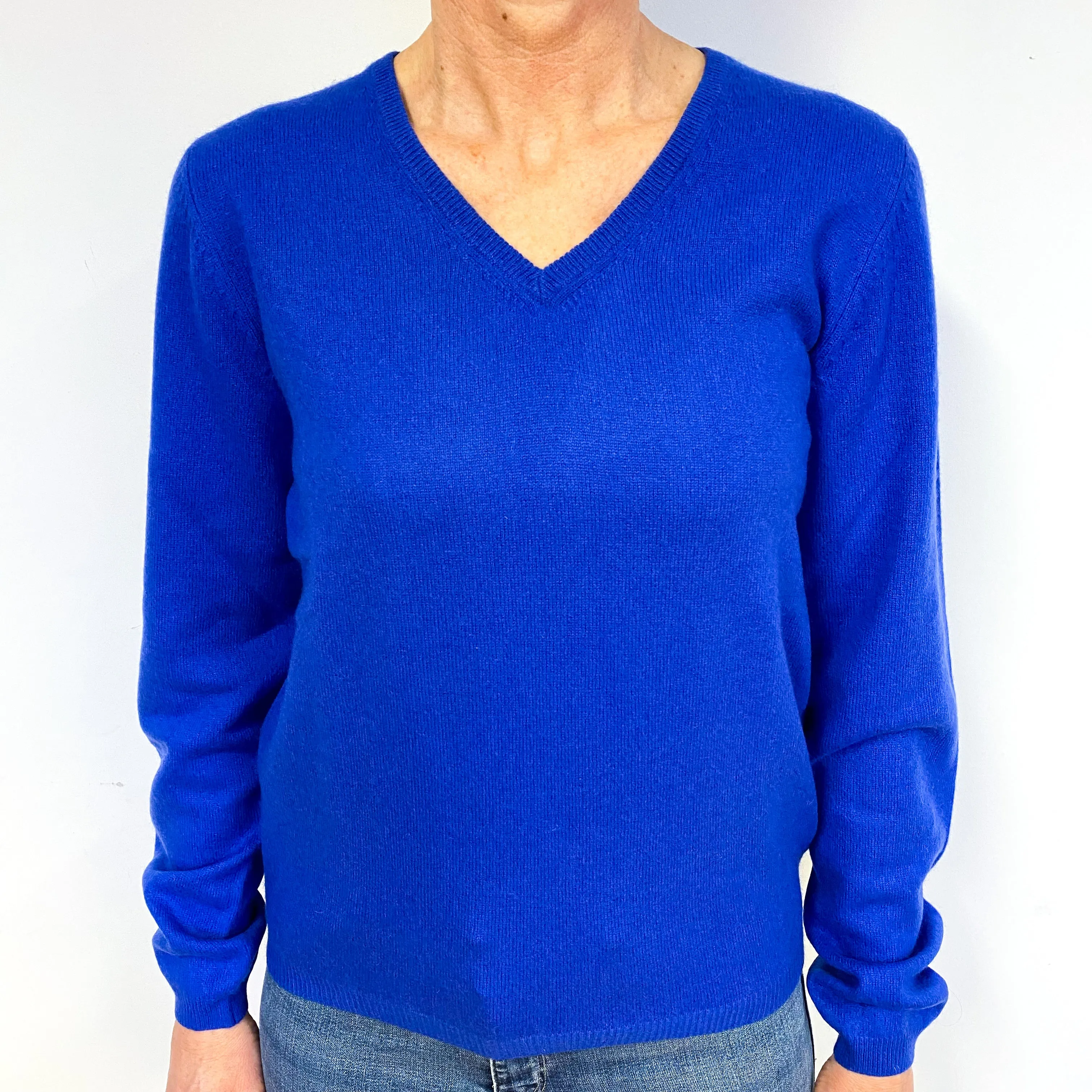 New Bright Royal Blue Cashmere V-Neck Jumper Medium