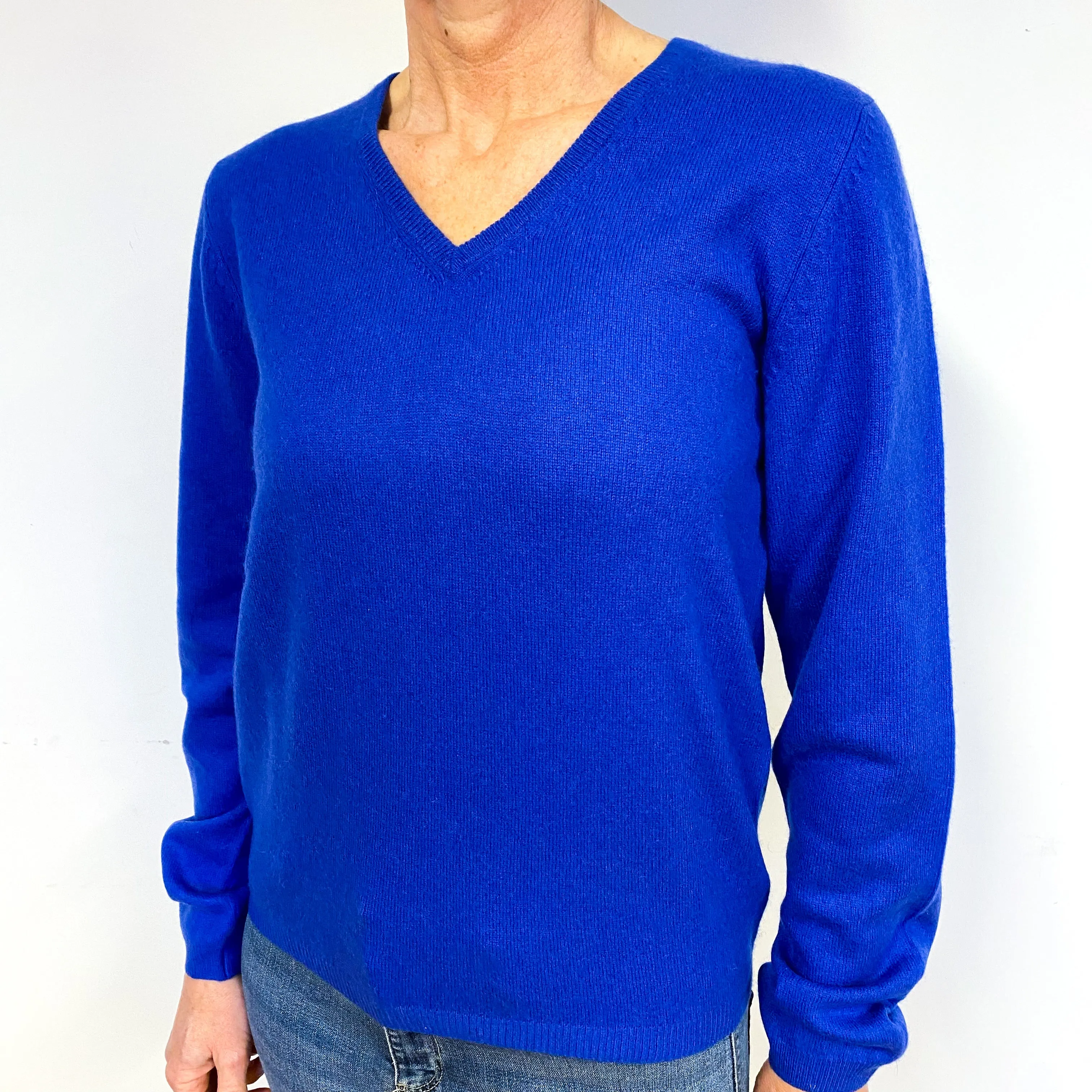 New Bright Royal Blue Cashmere V-Neck Jumper Medium