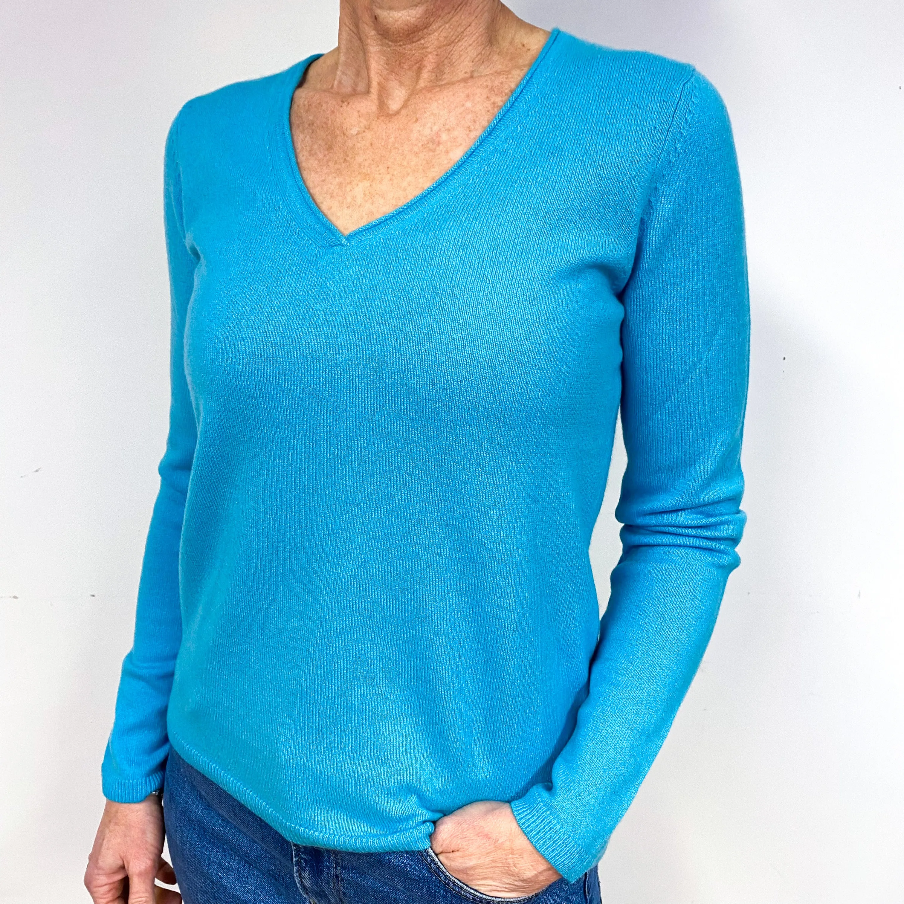 New Turquoise Green Cashmere V-Neck Jumper Medium