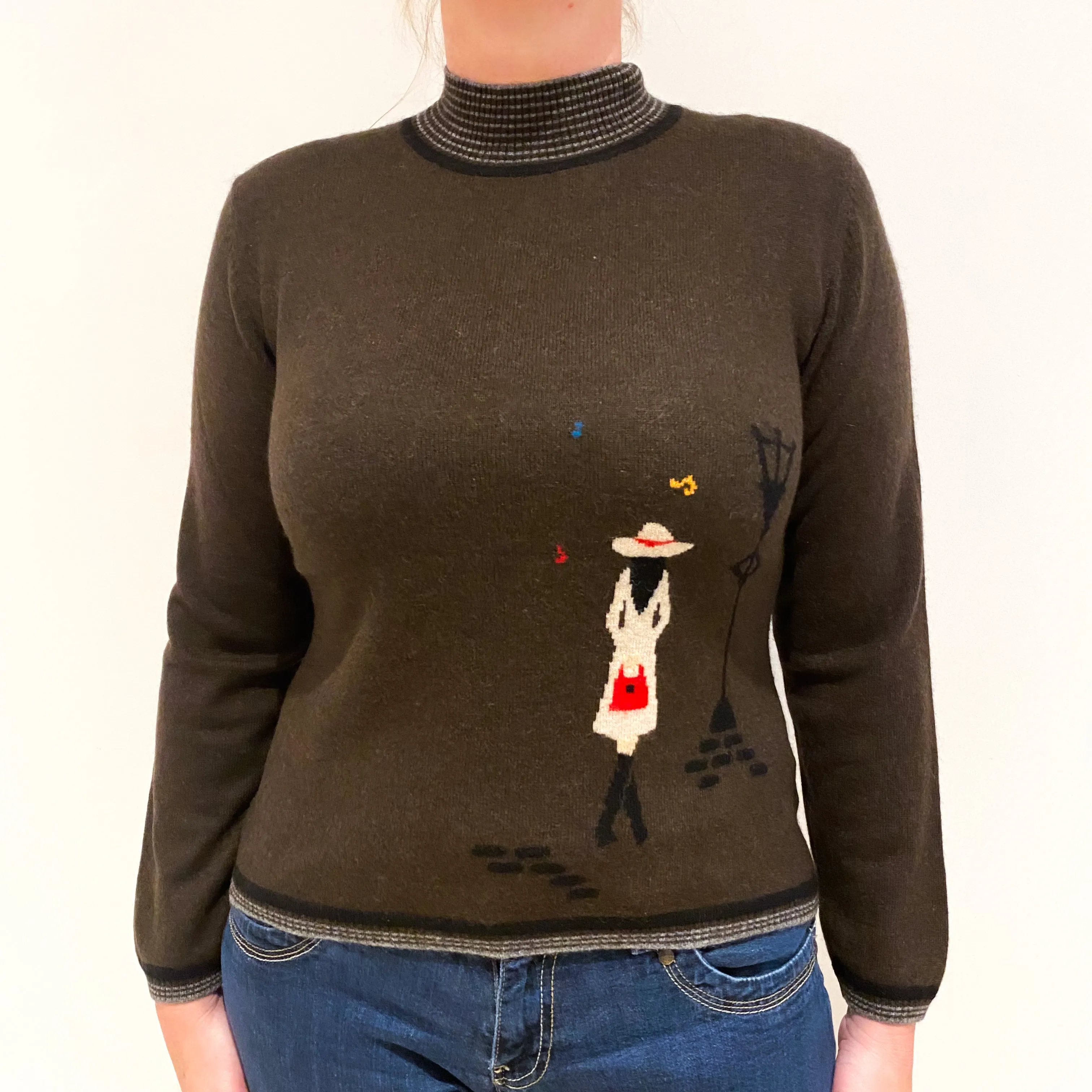 Peppercorn Brown Lady Motif Cashmere Turtle Neck Jumper Large