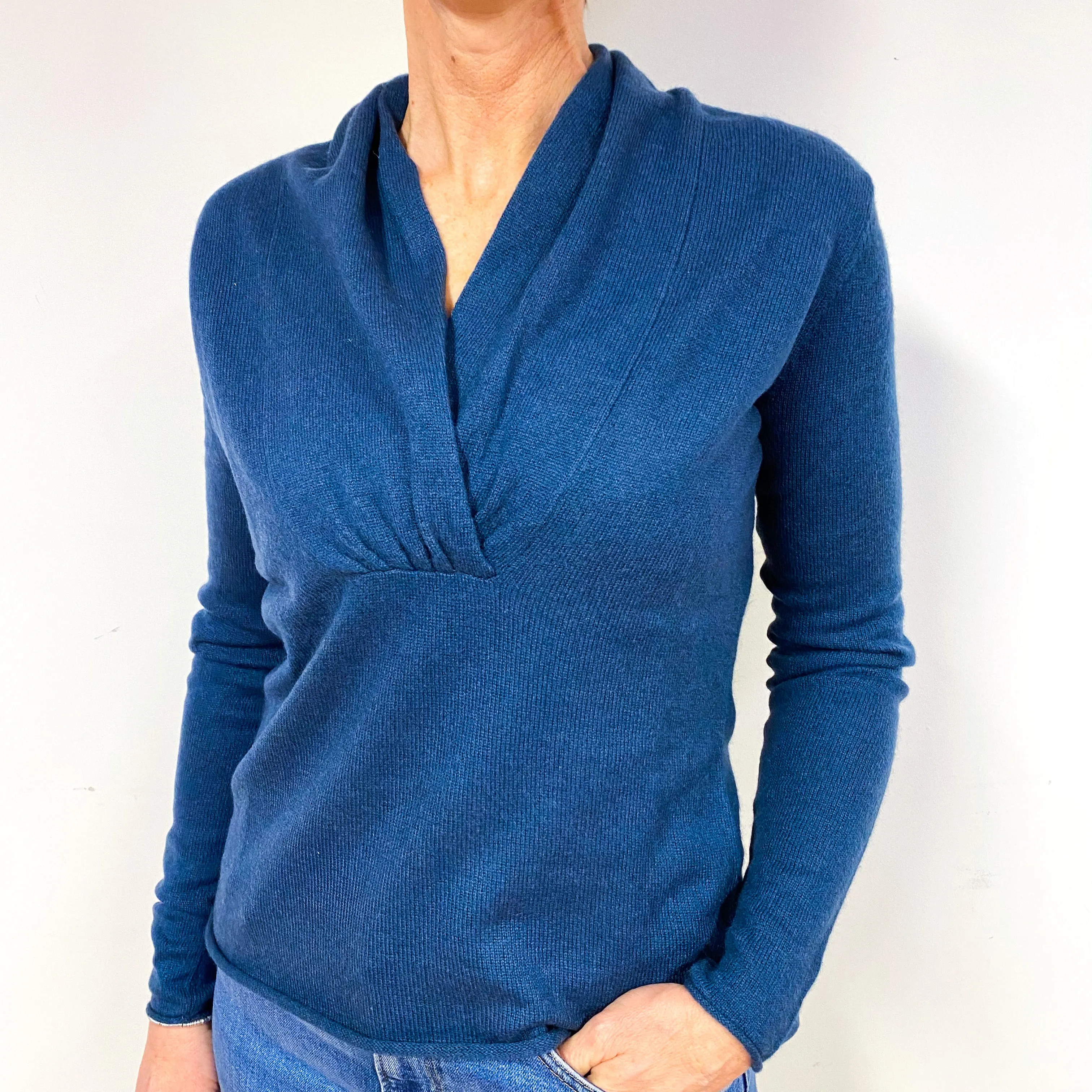 Petrol Blue Shawl Collar Cashmere V-Neck Jumper Medium