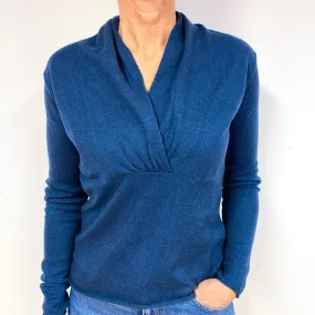Petrol Blue Shawl Collar Cashmere V-Neck Jumper Medium