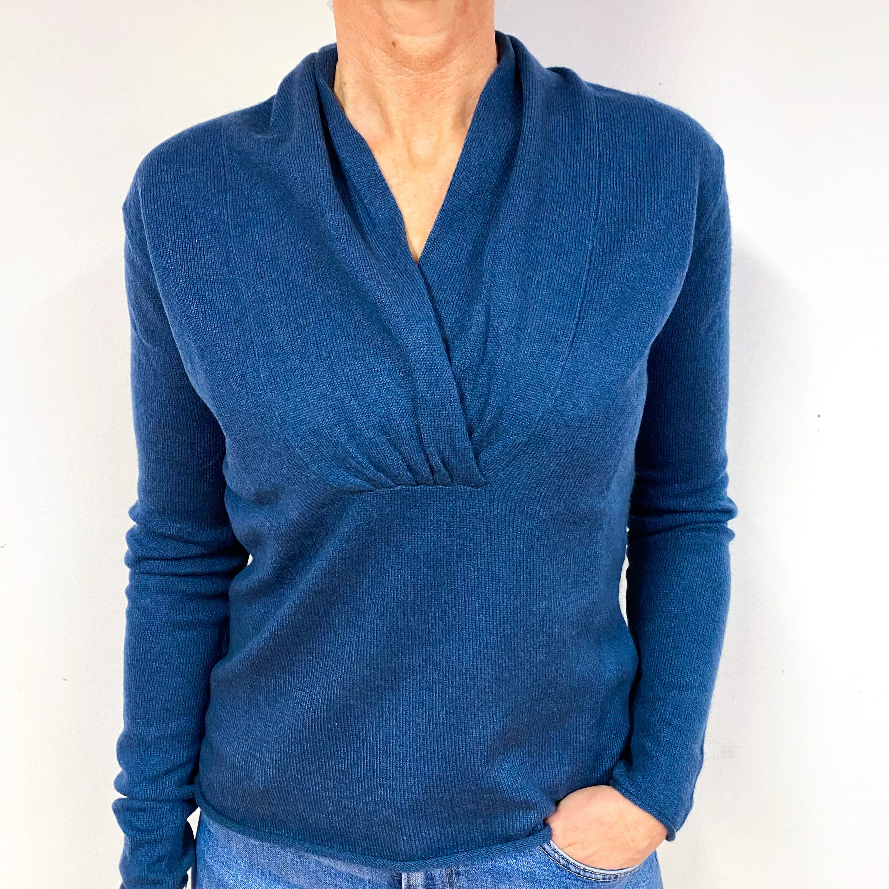 Petrol Blue Shawl Collar Cashmere V-Neck Jumper Medium