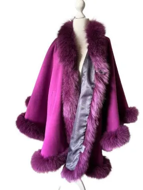 Purple Women Winter Coat Cape Trim Fox Fur, Winter Women's Poncho Jacket lined, Warm Elegant Women coat