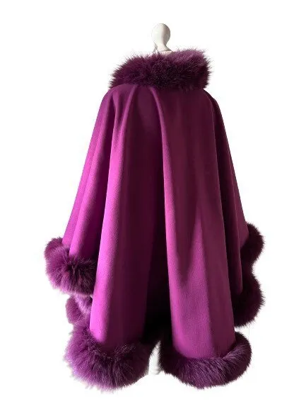 Purple Women Winter Coat Cape Trim Fox Fur, Winter Women's Poncho Jacket lined, Warm Elegant Women coat