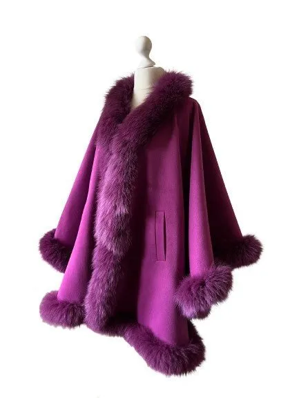 Purple Women Winter Coat Cape Trim Fox Fur, Winter Women's Poncho Jacket lined, Warm Elegant Women coat