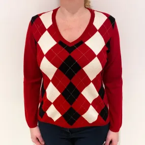 Red Cream Argyle Cashmere V-Neck Jumper Large