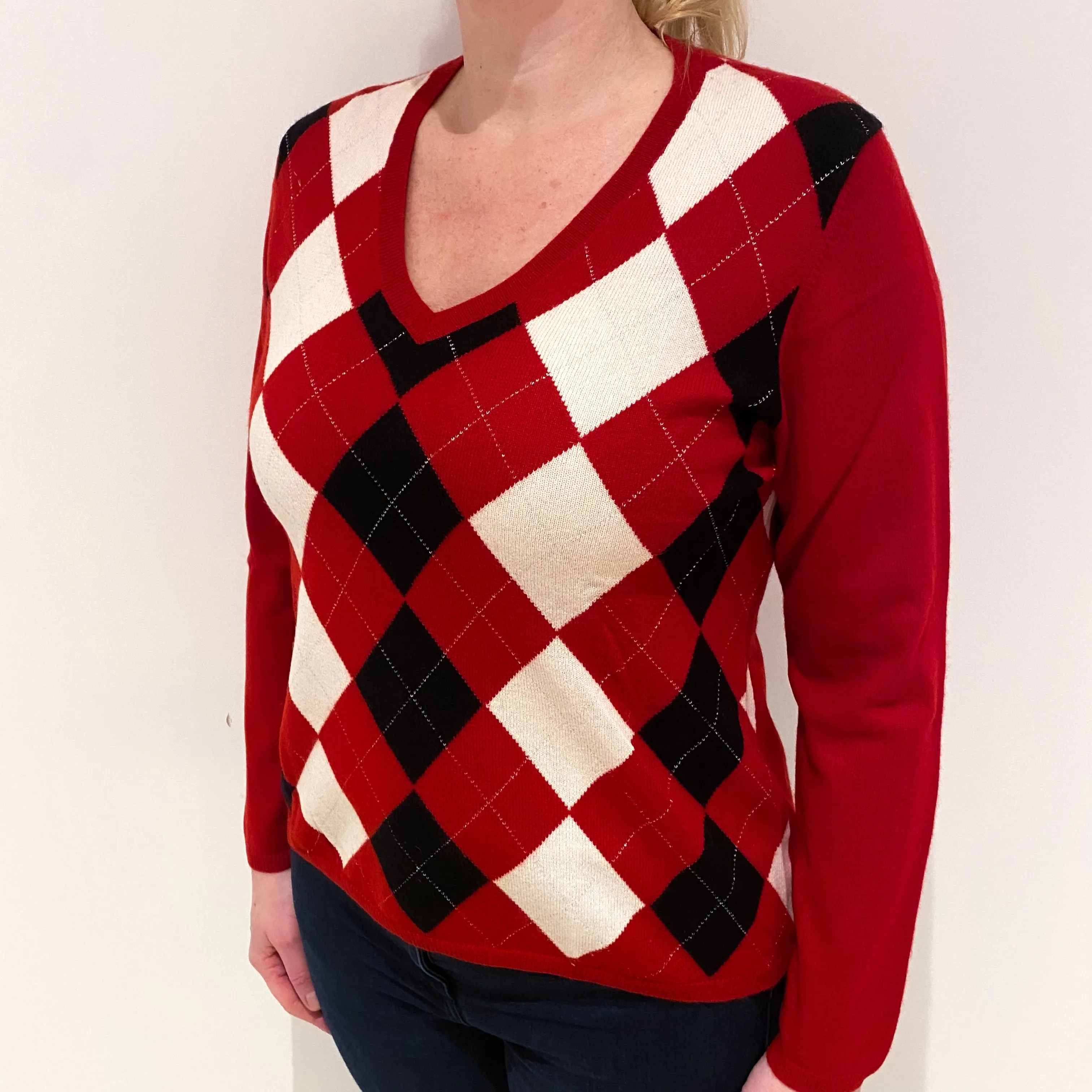 Red Cream Argyle Cashmere V-Neck Jumper Large