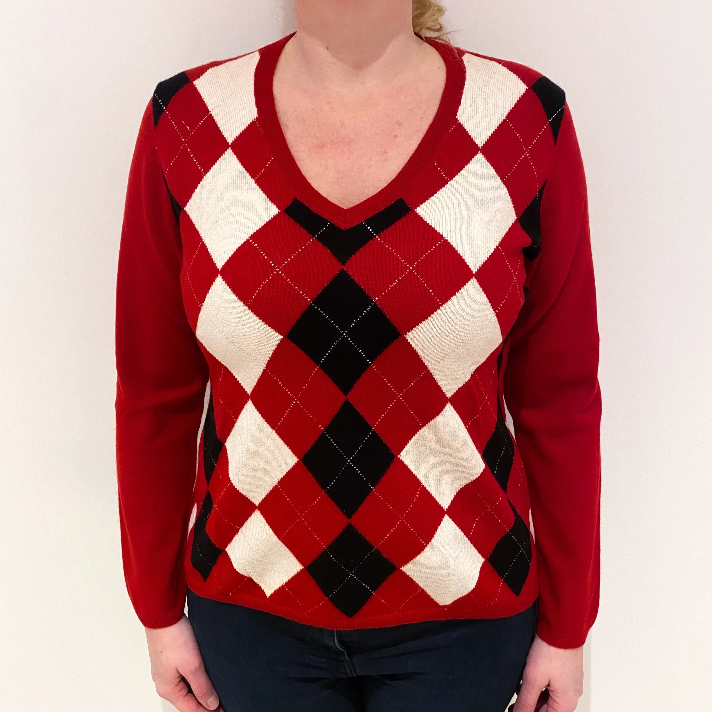 Red Cream Argyle Cashmere V-Neck Jumper Large