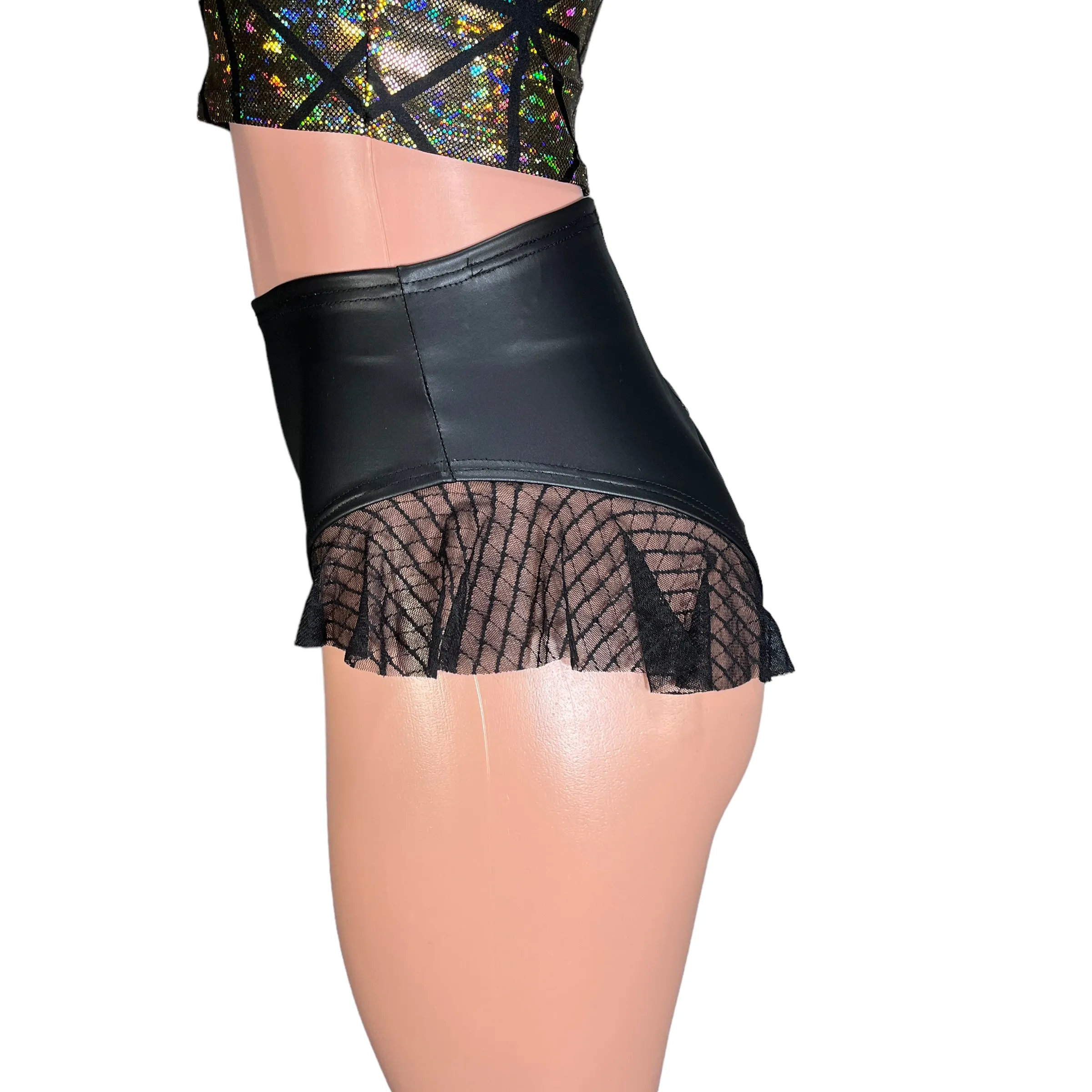 Ruffle Hot Pants High-Waisted Cheeky Bikini in Black Matte Metallic Spandex w/Vixen Mesh