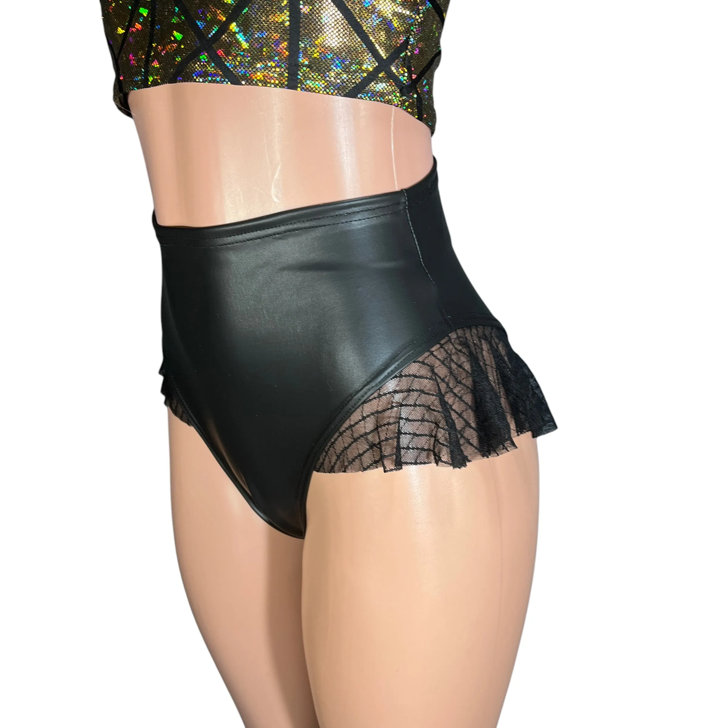 Ruffle Hot Pants High-Waisted Cheeky Bikini in Black Matte Metallic Spandex w/Vixen Mesh