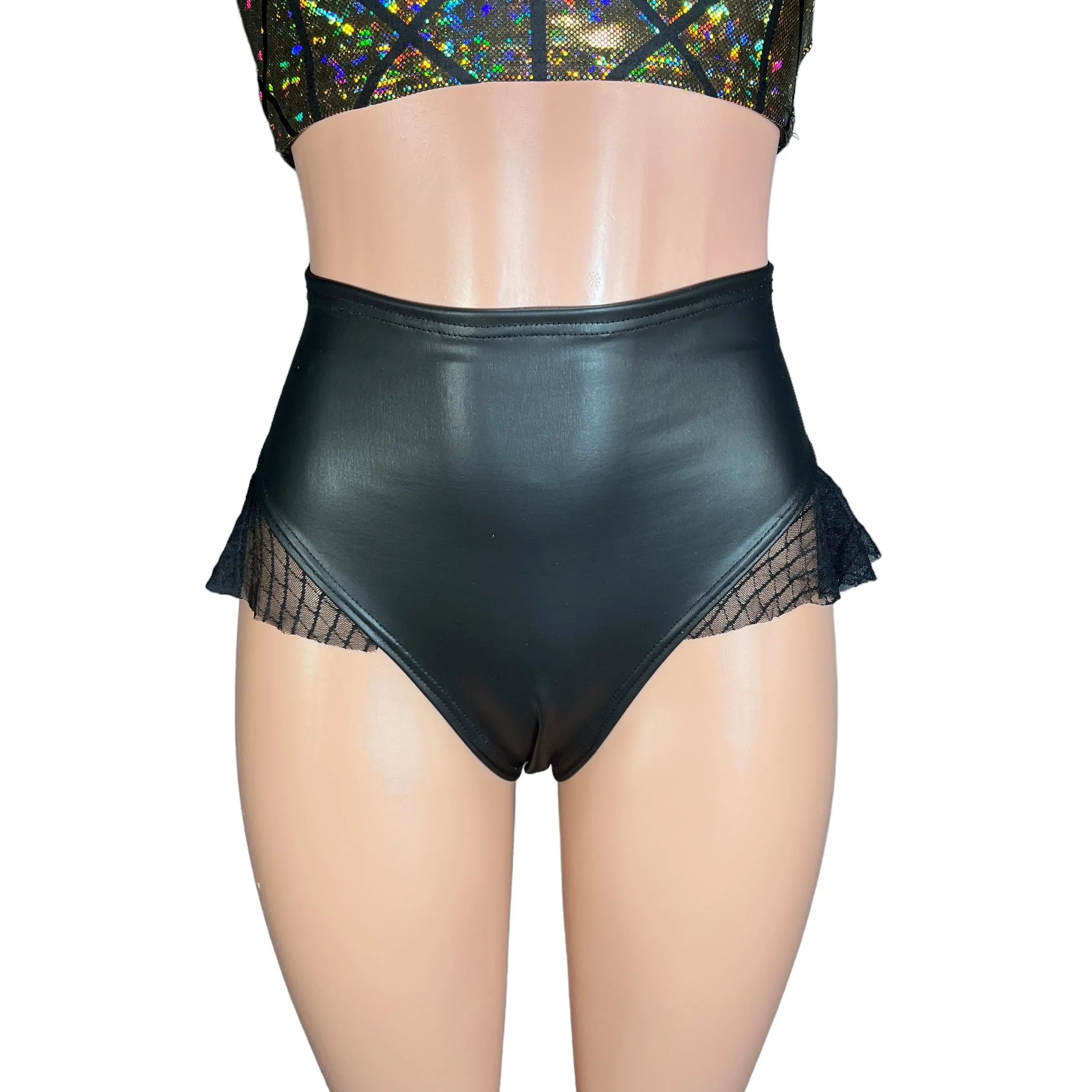 Ruffle Hot Pants High-Waisted Cheeky Bikini in Black Matte Metallic Spandex w/Vixen Mesh
