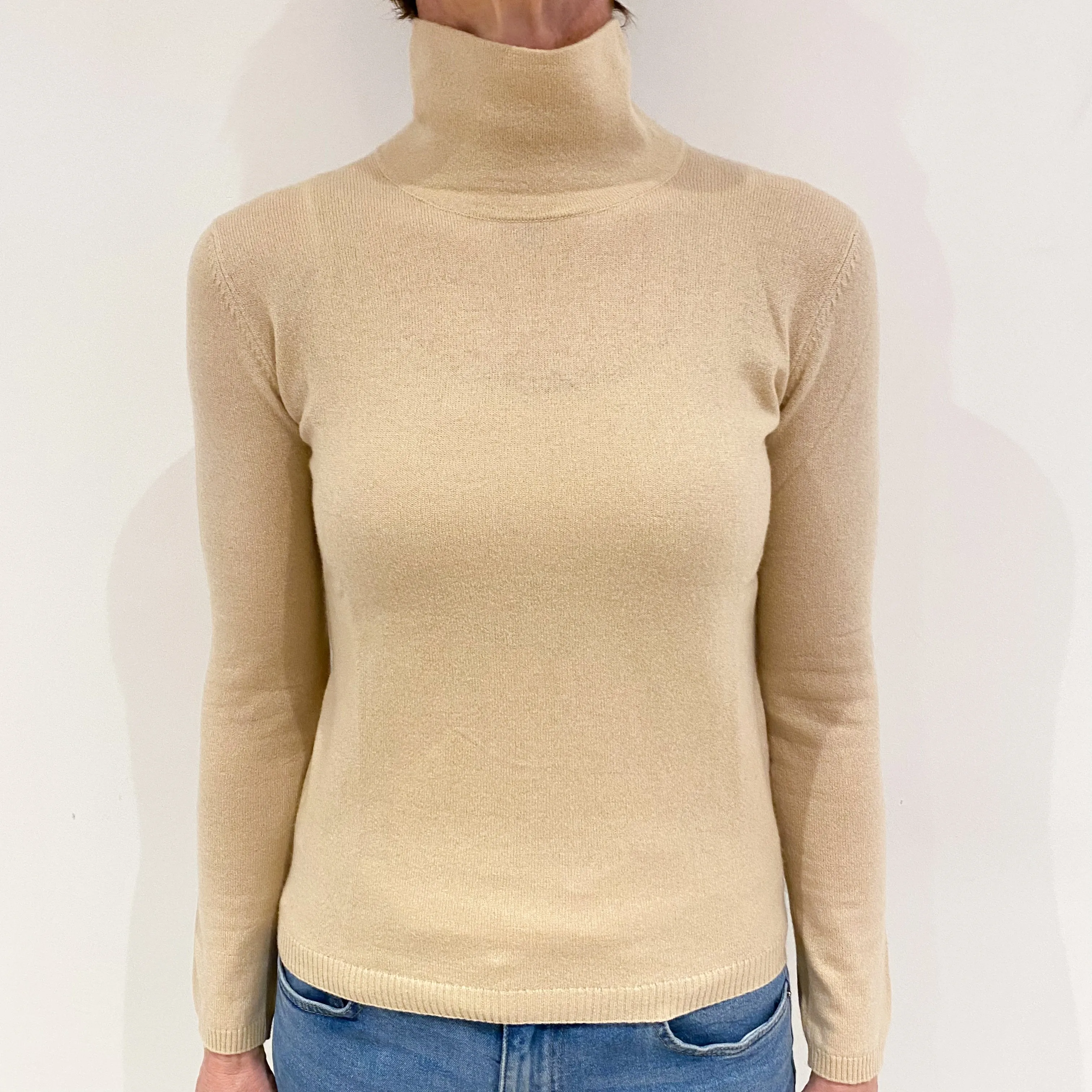 Sand Beige Cashmere Funnel Neck Jumper Small